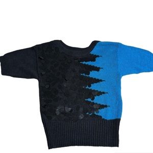 Vintage Organically Grown Short Sleeved Black | Blue Sweater Sequin Accents Sz M